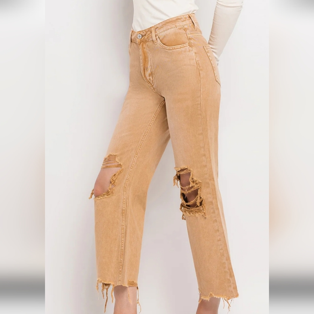 Vervet Distressed Raw Hem Wide Leg Tan Denim Size 27